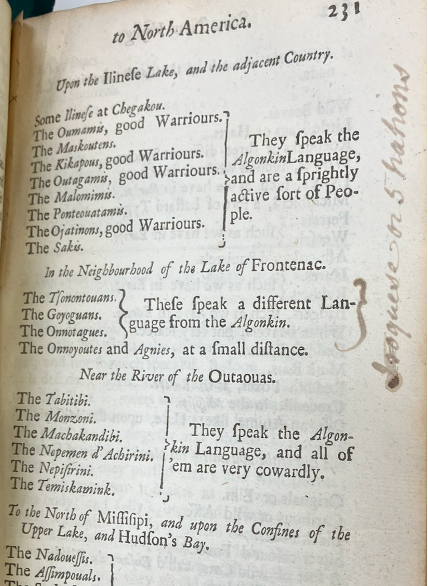 Manuscript notes from a former owner of Lahontan’s New Voyages to North America (London, 1703), courtesy of Newberry Library