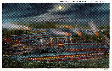 Postcard of Lukens Steel mills by night, Coatesville, Pennsylvania Postcard of Lukens Steel mills by night, Coatesville, Pennsylvania